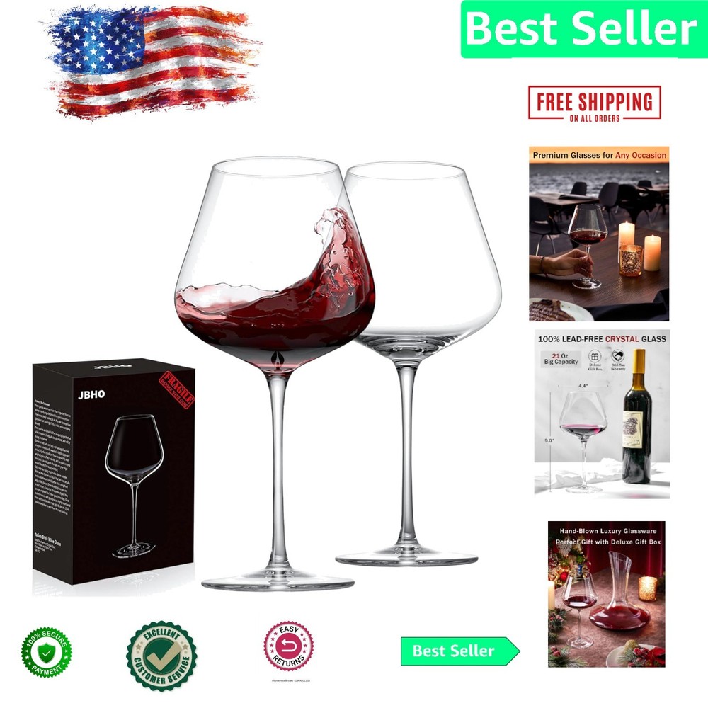Elegant Hand Blown Italian Crystal Burgundy Wine Glasses – Set of 2 (21 oz)