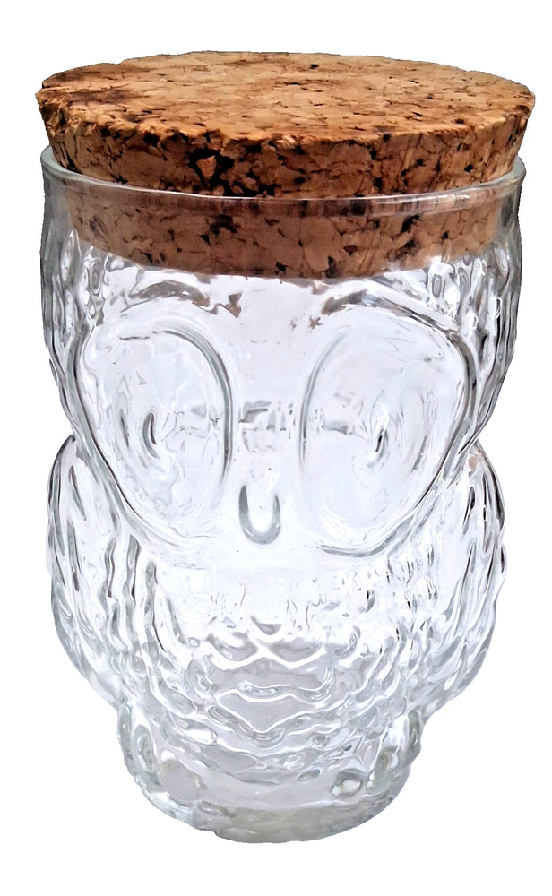 Vintage 1970s Libbey Clear Owl Shaped Glass Tumbler or Jar w/ Original Cork Lid