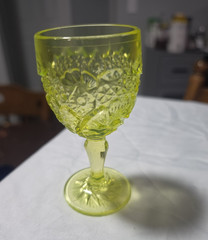 Unmarked Yellow Floral Pressed Glass Decorative Goblet Drinking Glass