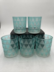 Lot of 5 Sandblasted Glass Tumblers – Geometric Blocks Pattern Tealight Green