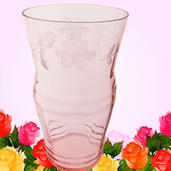Pink Depression Glass Optic Gray Cut Floral Leaf Tumbler w Horizontal Rings Ribs