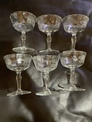 Vintage Lot Of 6 Fancy Crystal 3 3/4” Etched Flower Stemware Cocktail/Wine Glass