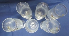 6 Vtg Bohemian Champagne Flutes Hand Painted Floral Gold trim Etched bowl
