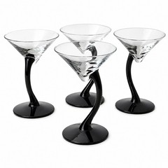 VTG Libbey Bravura Martini Glasses Set 4 Black Curved Stem Cocktail Glass