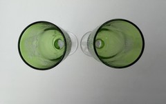 Green Champagne Flutes with Clear Stem Etched Asian Etchings Glasses Set Of 2