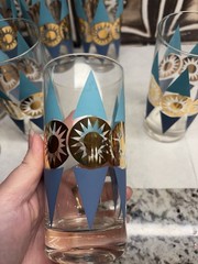 Set of 8 Federal Glass Nordica Turquoise & Gold Atomic Highball MCM Barware