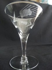 Javit Glass Grey Wheel Cut Fine Wheat 3.8oz Liquor Cocktail Stem Very Good Cond.