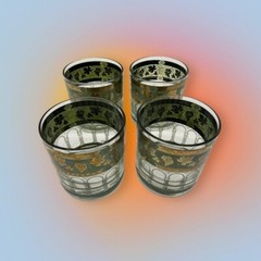 Vintage Cera ‘Golden Grapes’ Green Rocks Glasses 22-Karat Gold Old Fashioned MCM