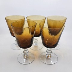 5 Vtg Hand-Blown Glass Amber Optic Swirl Textured Bell Shape Water/Wine Glasses