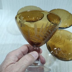 VTG Hand Blown Glassware (4) Etched Amber Stem Martini Cocktail Dessert 5″