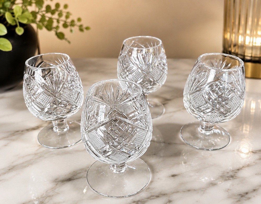 Vintage Diamond Crisscross Cut Crystal Brandy Cognac Snifters Set Of 4 Cups