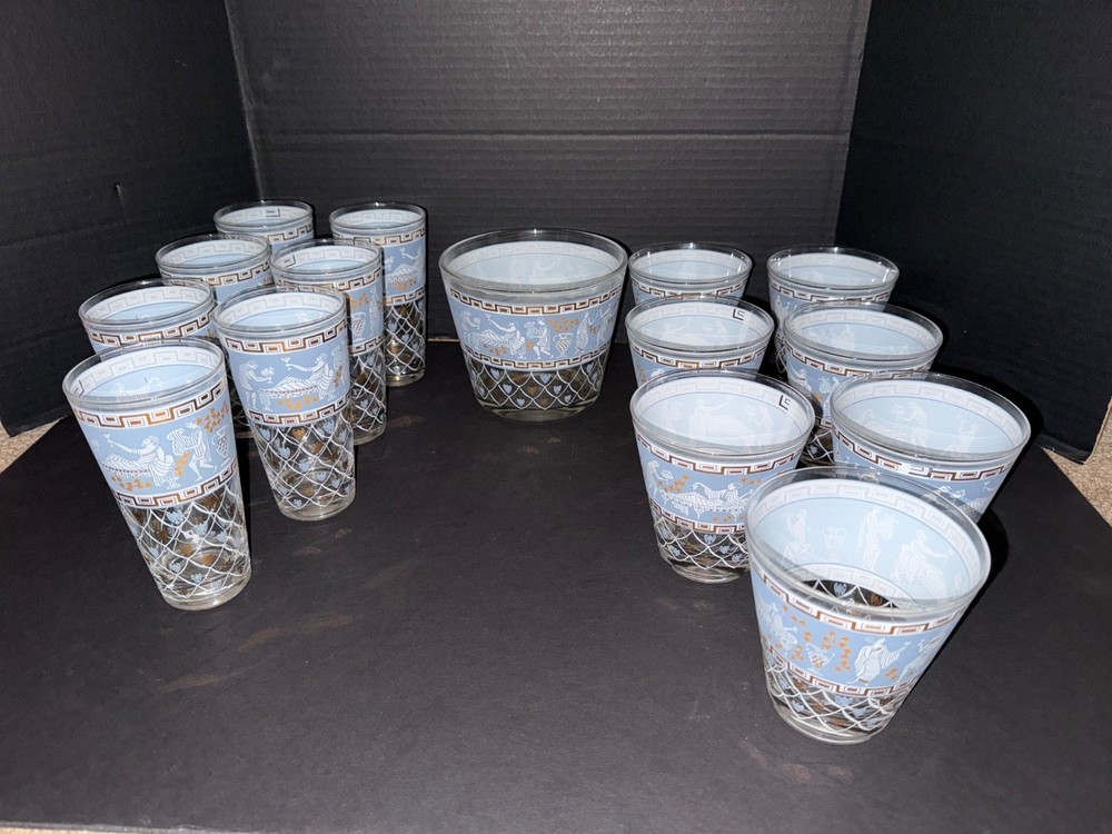 Vintage 15 Piece Greek Etruscan Frieze CeraGlass Wedgewood Blue 22k Gold Bar Set