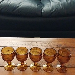 Set of 5 Vintahe Amber Indiana Glass Tiara Sandwich/Daisy Wine Water Goblets