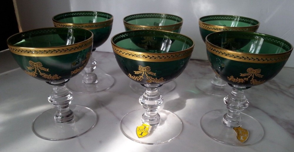 6 Tiffin-Franciscan ‘Green Bouquet’ Gold Encrusted Crystal Champaign Fruit Cups