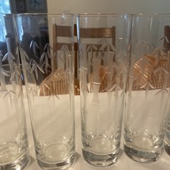 6 Vintage Noritake Sasaki Bamboo Tiki Etched Tom Collins Glasses 7” Tall