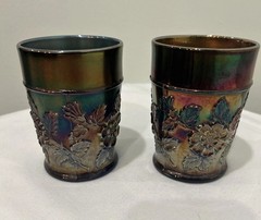 Set Of 2 4” Vintage Dugan Blue Rambler Rose Carnival Glass Tumblers