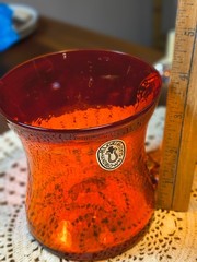 Vintage Pilgrim Glass Orange W/ Clear Glass Handle 4 inches Tall 3.5 inches wide