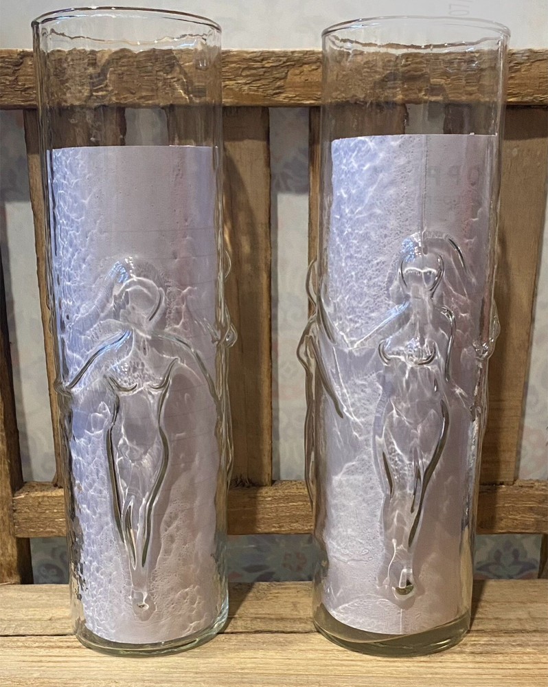 Vintage Libbey MCM Naked High Ball Glasses Set of 2 La Femme Nude Dancing Female