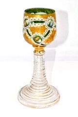 Antique Moser Green Glass Bowl White Lace Gild Roemer/Wine 1850-90 Rare Pattern