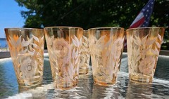 Vintage Amber Iridescent Glass Tumblers W/ White Floral Enamel Set Of 6 Marigold