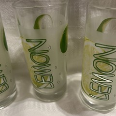 Set OfFour Decorated Lemon Glasses 5 1/2 Inches, Green/yellow Frosted