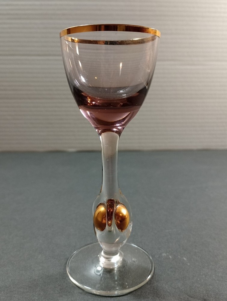 VINTAGE JOSEF STANK GOLD RIM AMETHYST CORDIAL GLASS WITH GOLD BALL IN STEM