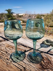 Hand Blown Teal Green Wine Glass Goblets Set of 2 9.5″ Tall Pontil Heavy Artisan