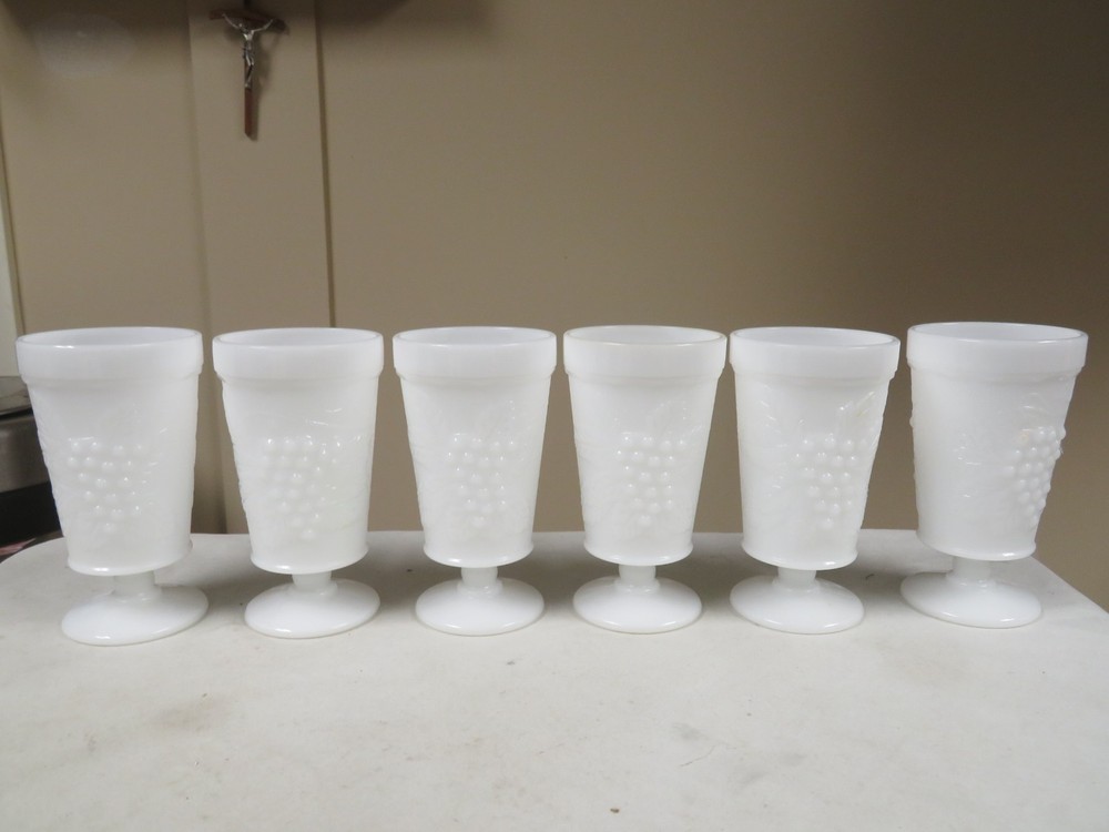 6 Anchor Hocking Milk Glass VINTAGE GRAPE Goblets Footed Parfait Tumblers