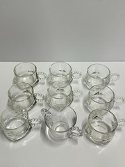 Set 9 Vintage Clear Glass Tea Cups Beaded Handle 1 Double Handle