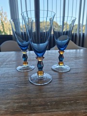 3 Tall Mikasa Estate Slate Blue/Amber Wine Water Glasses Handblown Deco 7.625″H