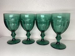 Goblets Green Glass Tumblers Thumbprint Pattern 6 1/8” Tall Set Of 4 Vintage MCM