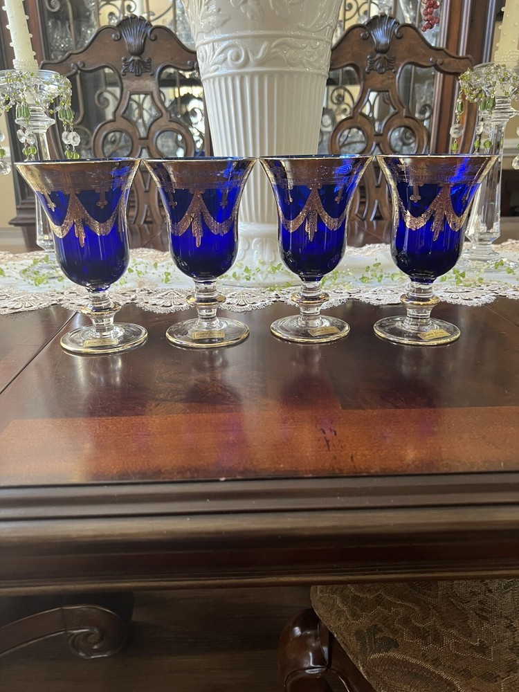Set Of (4) Horchow Italian Glass Cobalt Blue & Gold Stemware