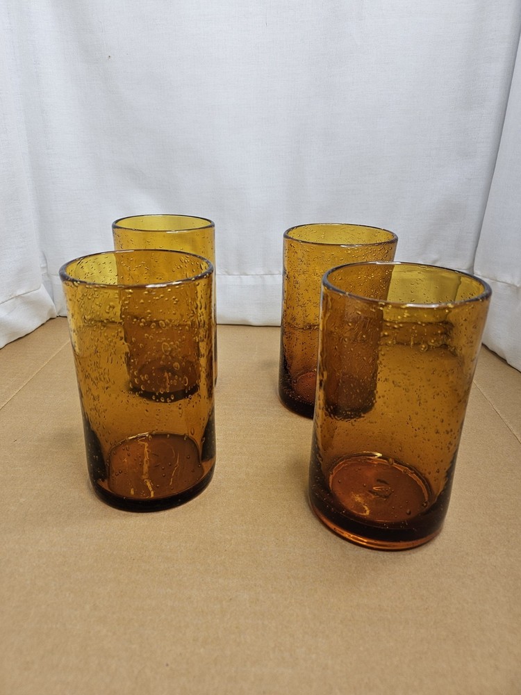 Amber Highball Seeded Bubble Glass Set of Four (4) VGC Highball Tumblers