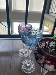 8 Bohemian Crystal 8” Stems Cut to Clear Wine Multicolored Vintage + Decanter