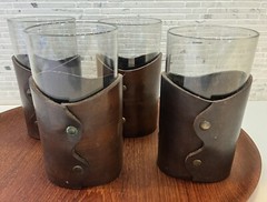 Vintage Mid Century Smoke Glass Double Old Fashioned Tumblers Leather Holders