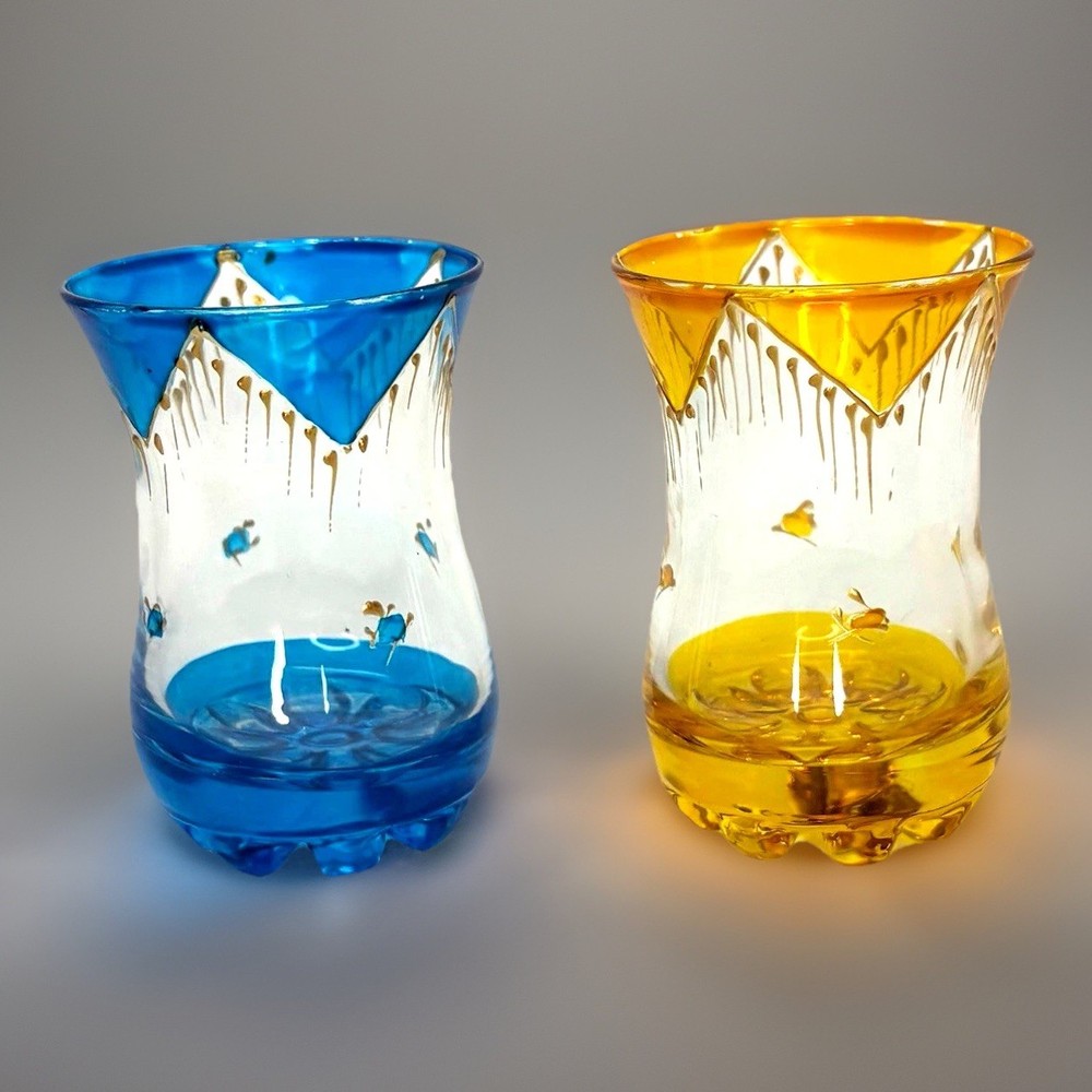 Bohemian Hand Painted Gold & Blue Cordials Set Of 2 -3.5”h Glasses Barware