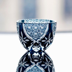 Ink Blue Small Sake Cup Edo Kirik Hand Cut Flame Shot Glasses 1.5oz Gift Packing