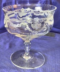 RM0024 Antique Fry Blown Glass DE107 Jabot Etch Footed Low Sherbet Dish 3-7/8″H