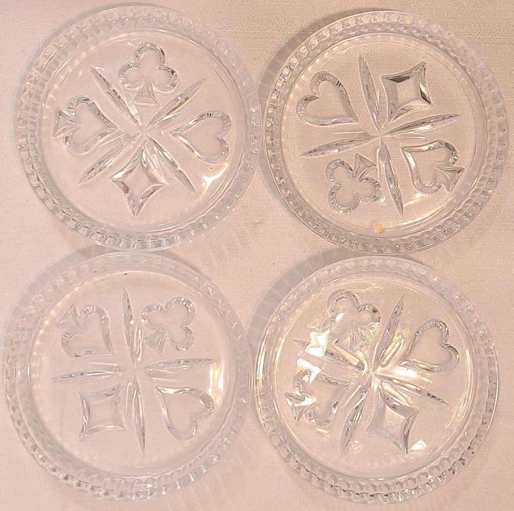 4 St George Crystal Glass Coasters Ashtrays Hearts Clubs Diamonds Spades Poker