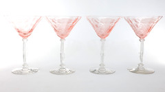 4 Tiffin Franciscan Flanders Pink Etched Tall Champagne Glasses 1920s 6.25″T