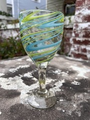 Mexican Handblown Wine Water Glasses Barware Abstract Blue and Green Swirl Thick