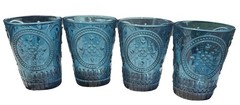 VTG Blue Teal Flash Embossed Drinking Glass Tumblers 4 1/4” Lot Of 4 READ