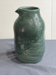 VTG Studio Pottery Sake 4 Piece Set Teal Drip Glaze Tokkuri 3 Cups Boho Barware