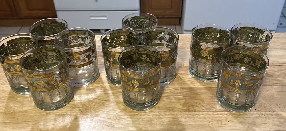 Golden Grapes Rocks Glasses Green VTG Lot 11 MCM 22k Gold 12 oz