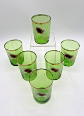 Set of 6 Vintage Victorian Enamled Flower Green Glass Tumbler Gold Rim