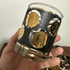 Vintage Libbey Gold Coin Bourbon Glasses Set of 8 w/ Black Raised Texture 8 oz