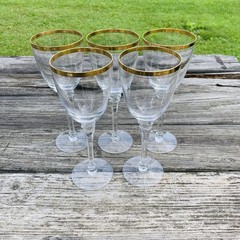 5~Tiffin Crystal Double Gold Band Hexagonal Stemmed Wine Glasses 8.25” Tall-10oz