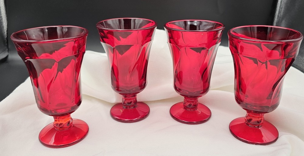 Ruby Red Glass Goblets Set of 4 Vintage Footed Juice Wine Glasses 5”