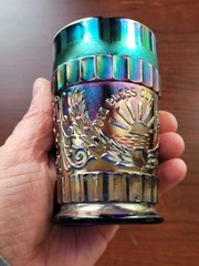 Super Blue Dugan Carnival Glass God & Home Pattern Tumbler
