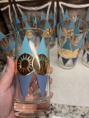 Set of 8 Federal Glass Nordica Turquoise & Gold Atomic Highball MCM Barware